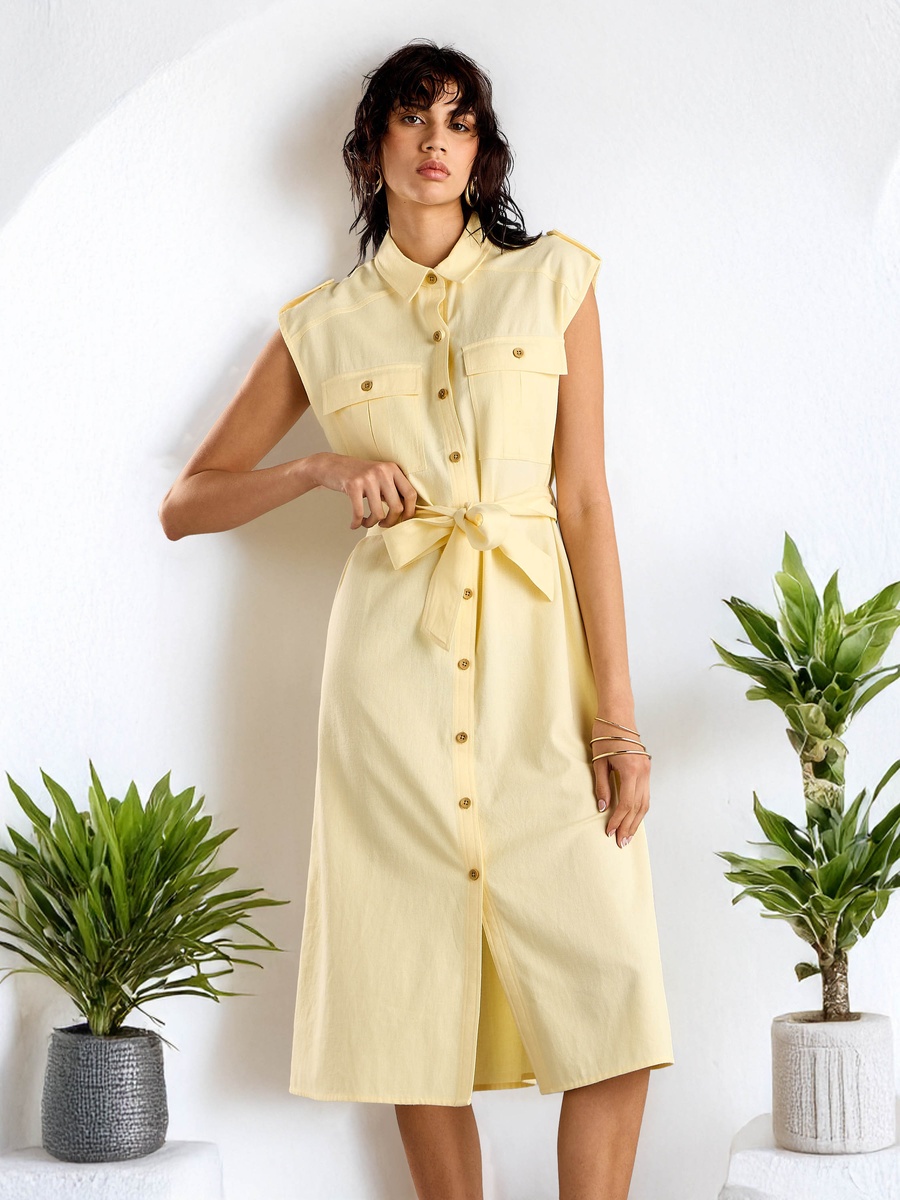 Buy Plain Sleeveless Linen Shirt Dress with Tie-Up Belt Cream For