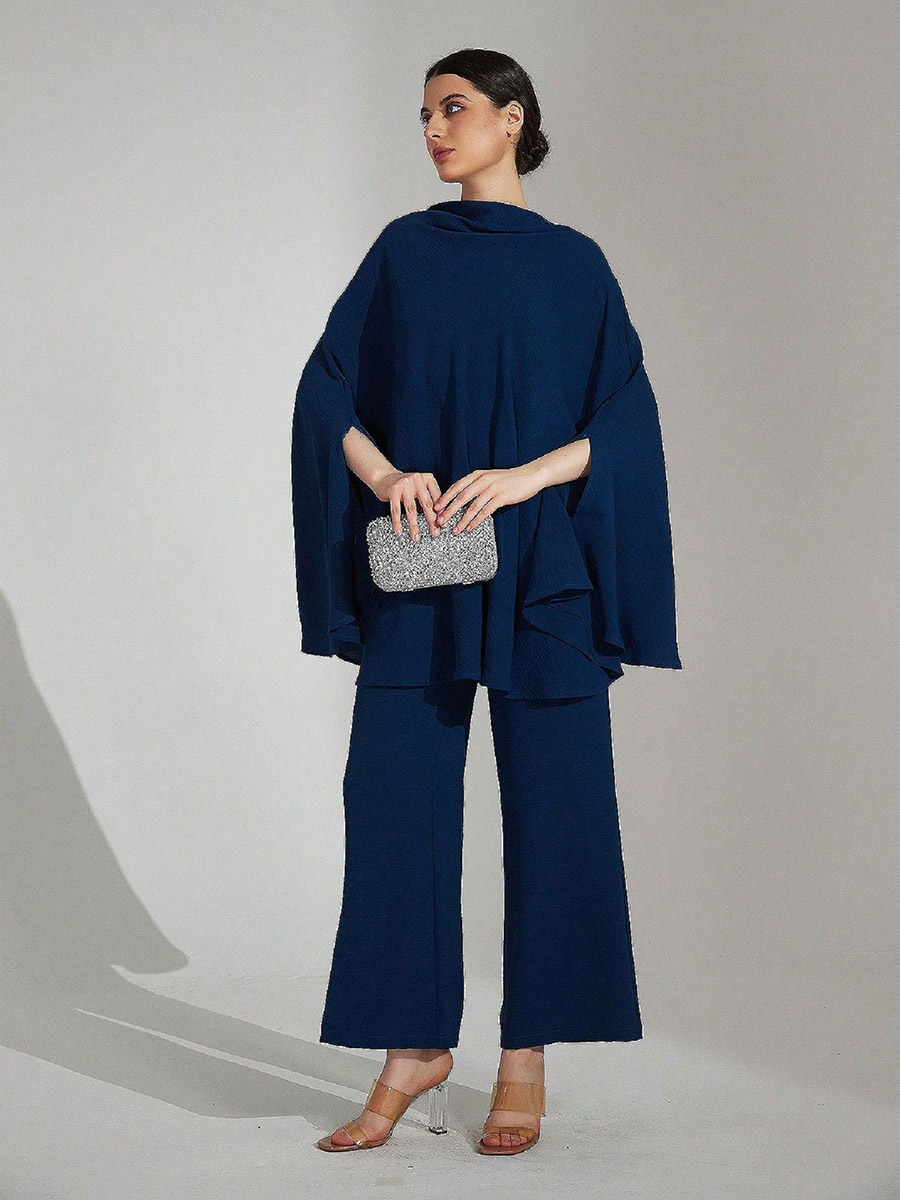 Navy Blue Knit Cape Top and Trousers Co-ords For Women at Kuwait