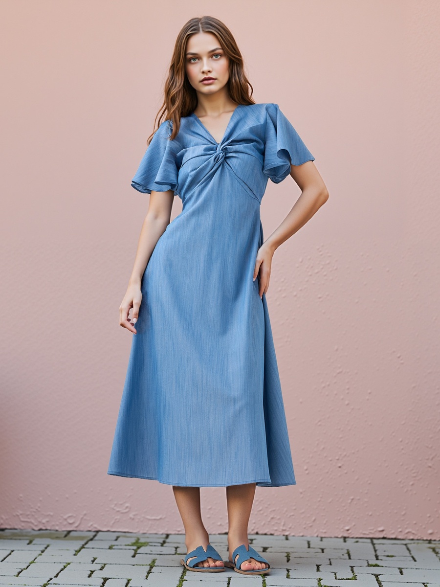 Knot Detail Dress with Tie-Up Belt and Flutter Sleeves For Default