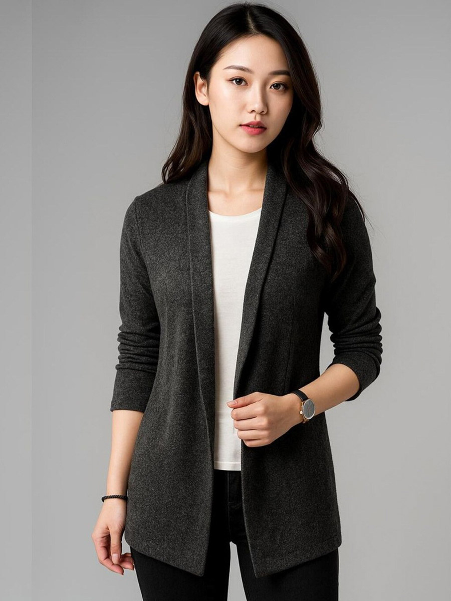 Women Charcoal Open-Front Solid Shrug For Women at Kuwait Styli