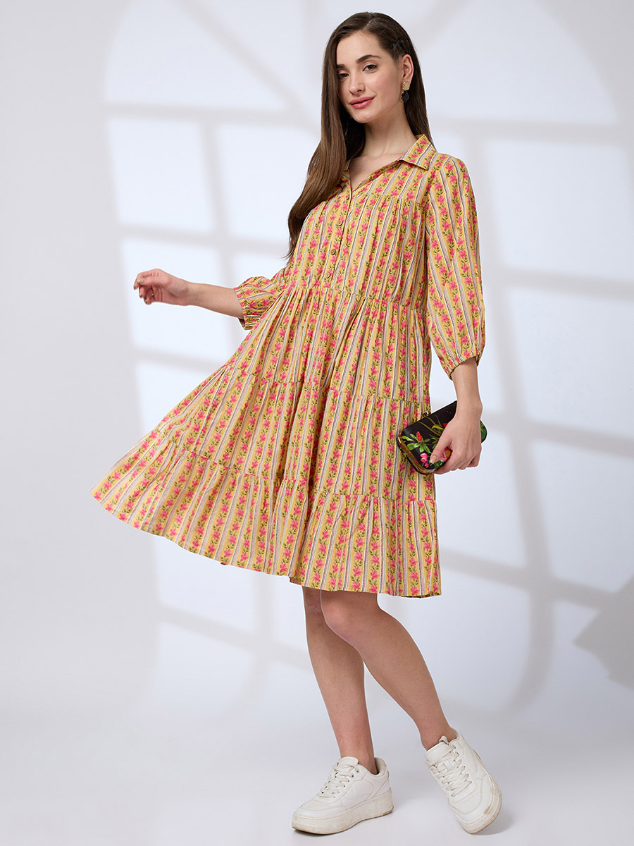 Yellow Shirt Collar Printed Workwear Knee Length Dress For Women