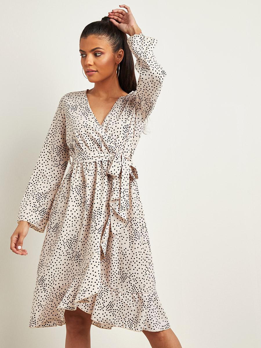 Polka Dot Midi Dress with Waist Tie-Up For Women at UAE Styli