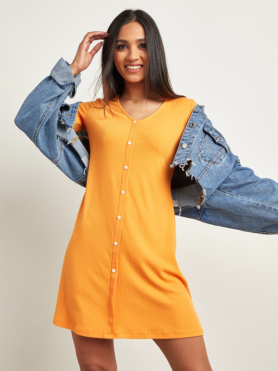 Ribbed V Neck Long Sleeves Skater Dress