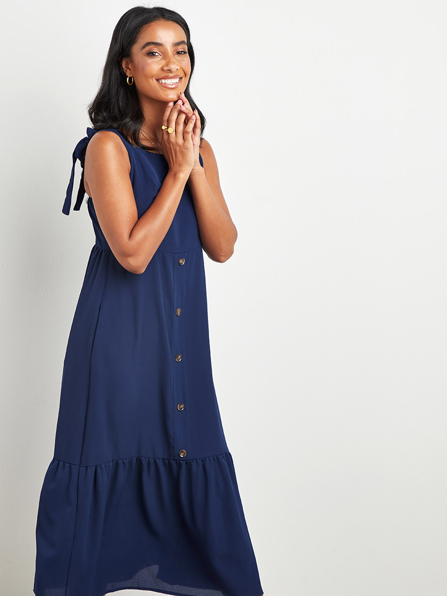 uo linen button down drop waist midi dress