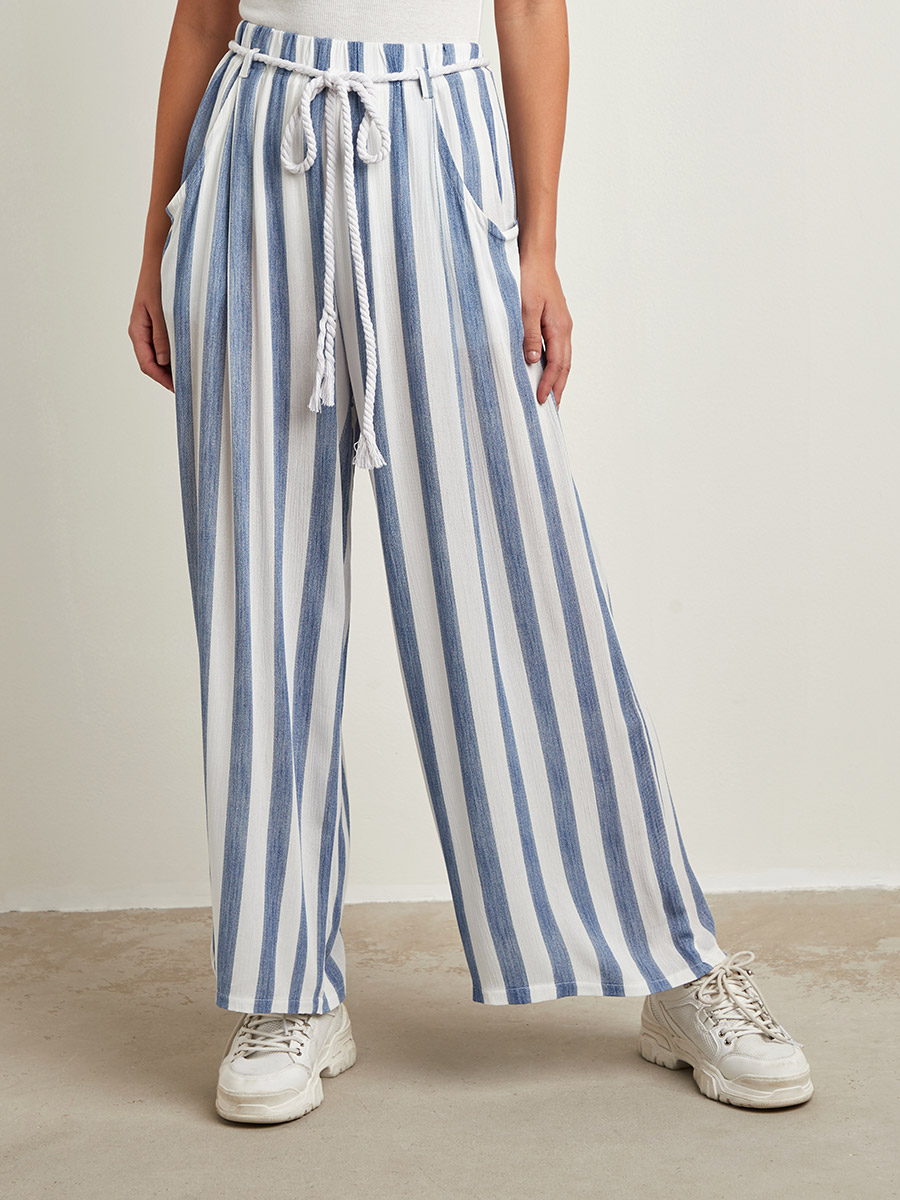 Striped Wide Leg Belted Rope Palazzo Pants For Women at Saudi Styli