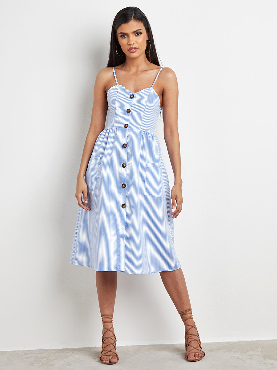 Button front pocket detail midi dress sale