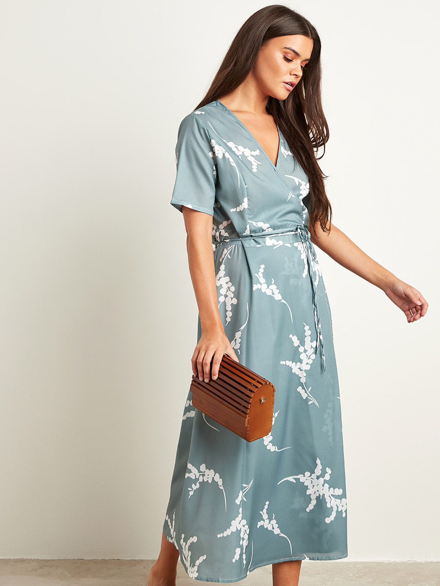 Floral Printed Wrap Around Midi Dress with Tie-Waist Closure For