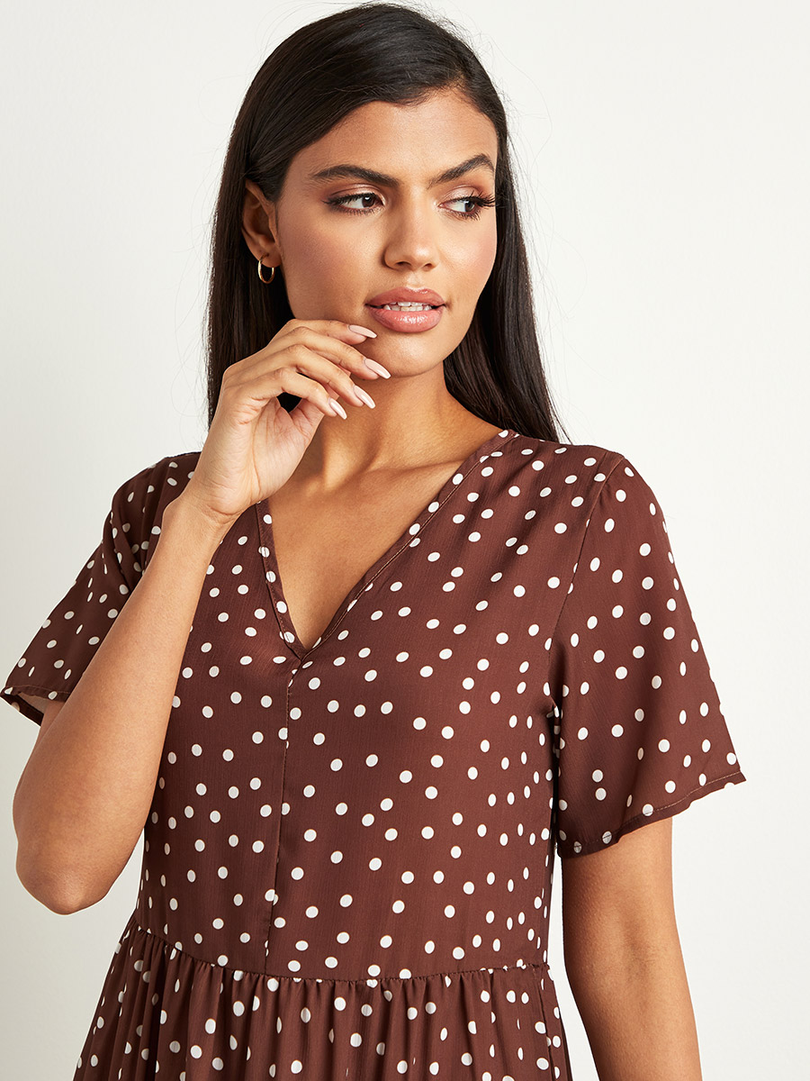 Polka Dot Printed Short Sleeves Tiered 
